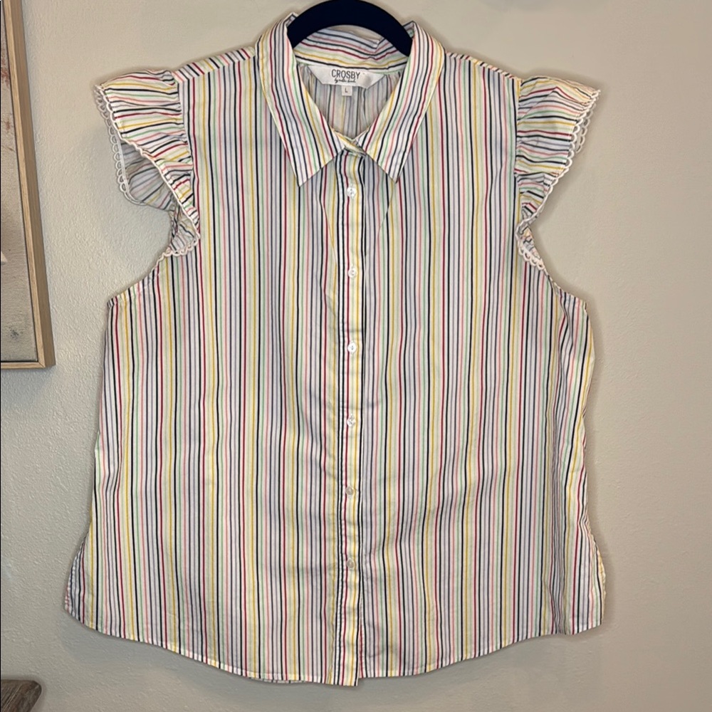 CROSBY by Mollie Burch Striped‎ Ruffle Sleeve Blouse - Lg